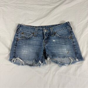 True Religión Joey Women Blue Distressed Cut Off Denim Shorts 28